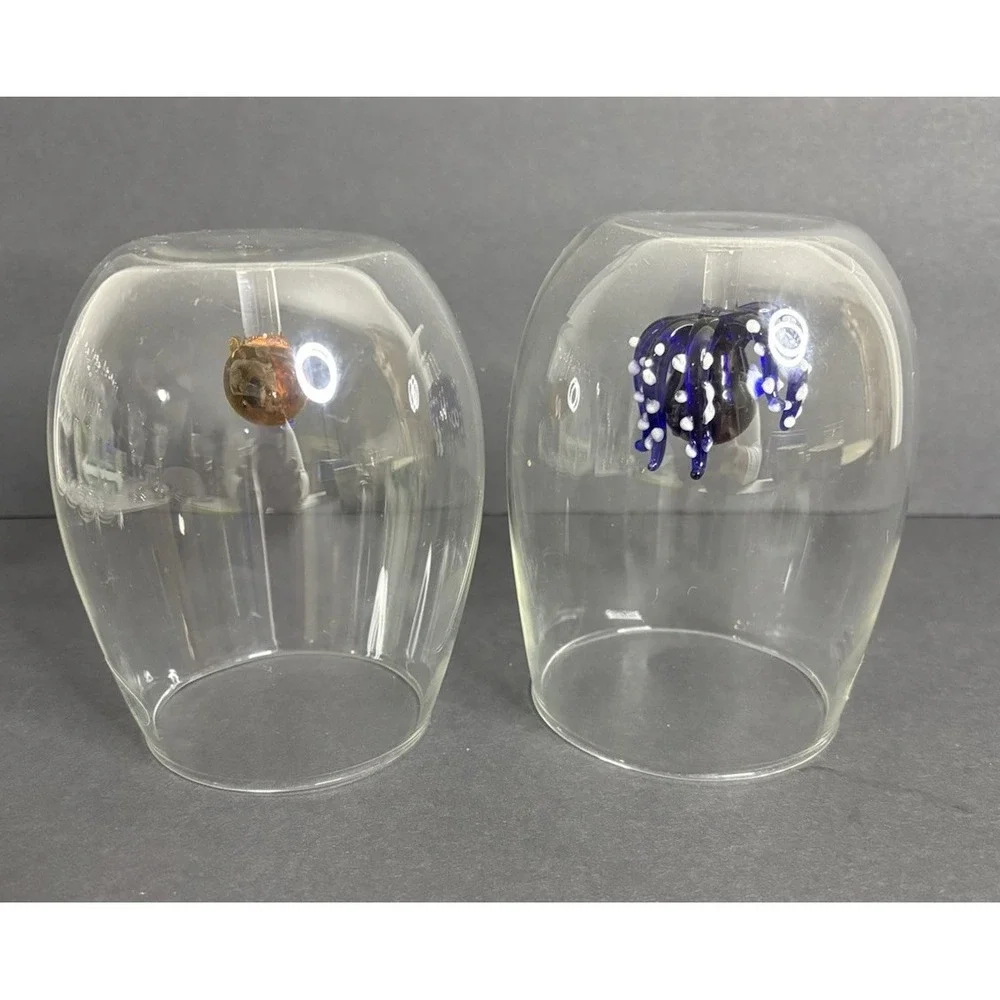 2 Stemless Wine Glasses Handblown Cobalt Blue Octopus and Orange Fish Inside